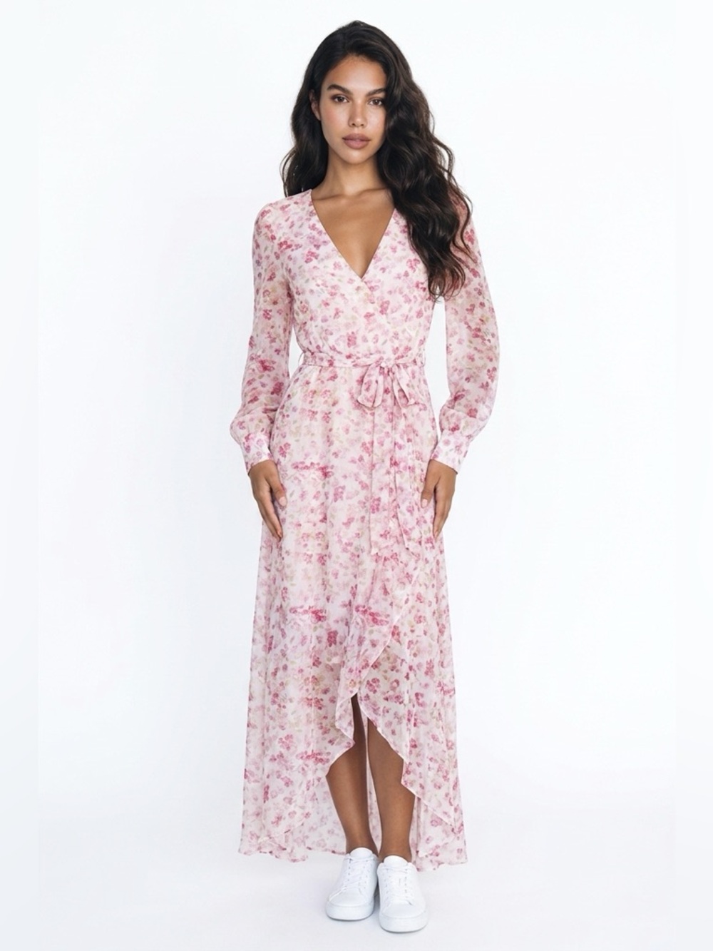 Pink Floral High-Low Wrap Dress with Tie Waist
